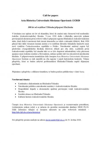 Call for papers Acta Historica Universitatis Silesianae Opaviensis