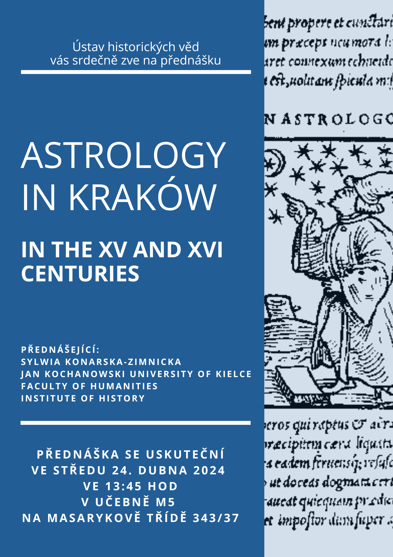 Pozvánka na přednášku prof. Sylwie Konarské-Zimnické – Astrology in Kraków in the XV and XVI centuries